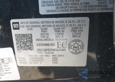 2022 Chevrolet Silverado 1500 Lt Trail Boss z USA, uszkodzony, nr VIN 3GCUDFED5NG629485